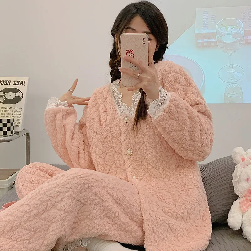 Кружевная бархатная одежда для сна с v-образным вырезом кораллового цвета