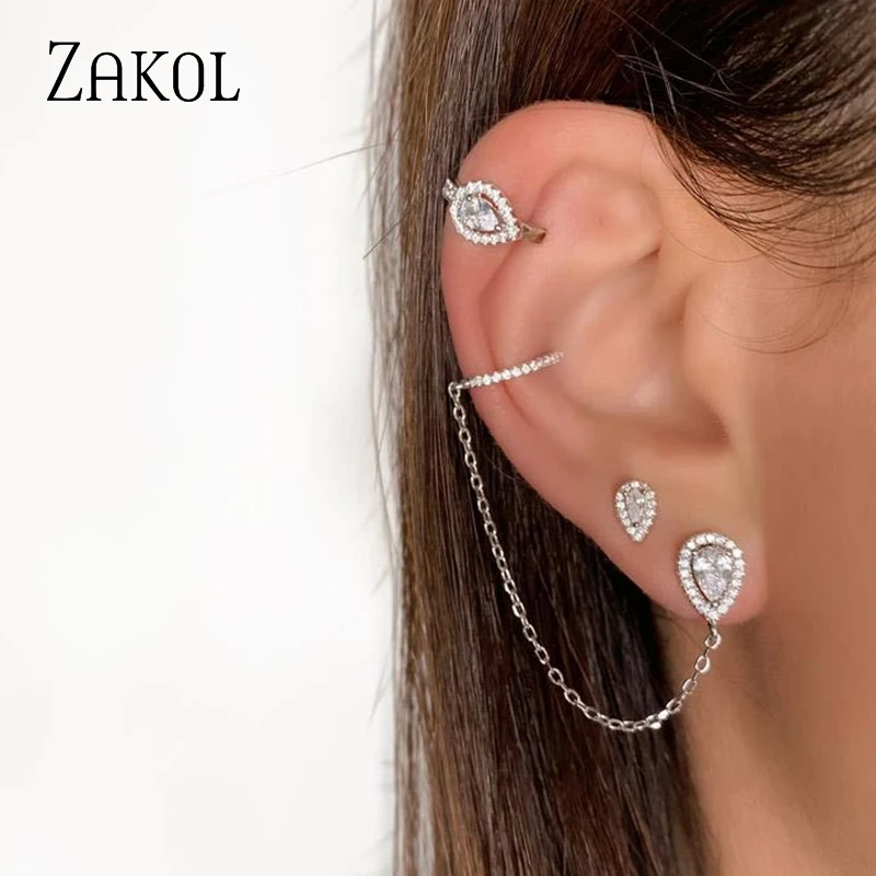 ZAKOL 1 шт. Белый Цвет капли воды кубического циркония уха кости клип серьги для