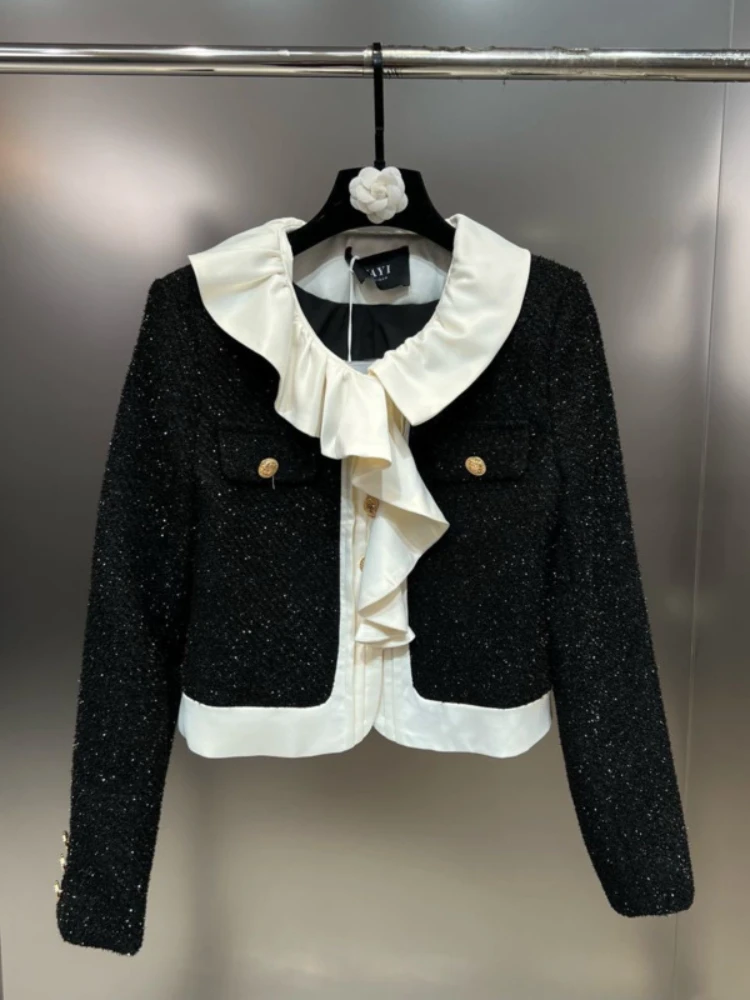 

【Absgd】2022 Autumn New Arrivals Long Sleeve Metal Buttons Ruffles Black Bright Silk Short Woolen Jacket Women