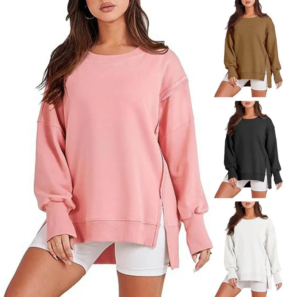 

Однотонная толстовка с круглым вырезом, универсальный Женский свитшот на осень и весну, свободный крой с круглым вырезом и длинным рукавом, с разрезом на подоле, для повседневного ношения