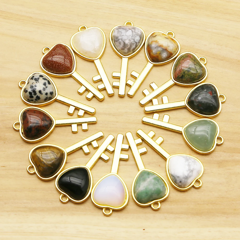Free Shipping Natural Crystal Agate Love Gold Key Pendant Necklace DIY Charm Fashion Jewelry Accessories Wholesale 10Pcs Random
