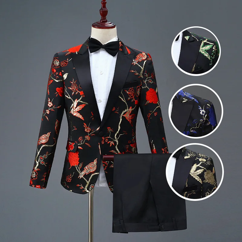 

[Jacket+Pants] Men's Embroidered Golden Bird Suit Prom Christmas Halloween Party Wedding Groom Singer Host Costume Fashion Slim
