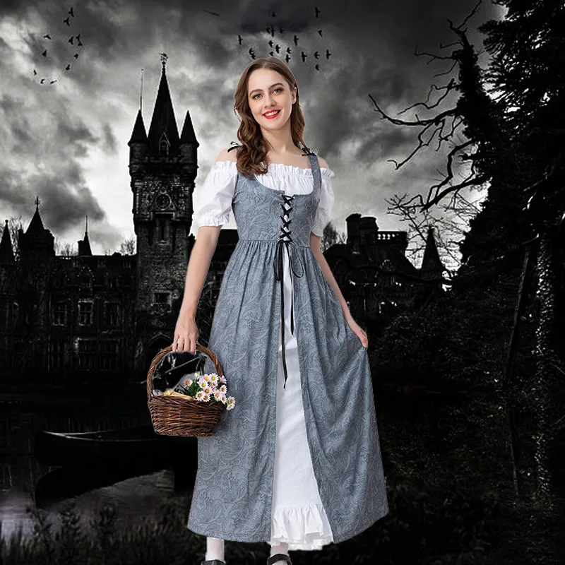 

Mandylandy Vintage Dress Women Retro Goddess Sexy Medieval Irish Dress Strapless Lace-up Cinched Patchwork Dress Vestidos