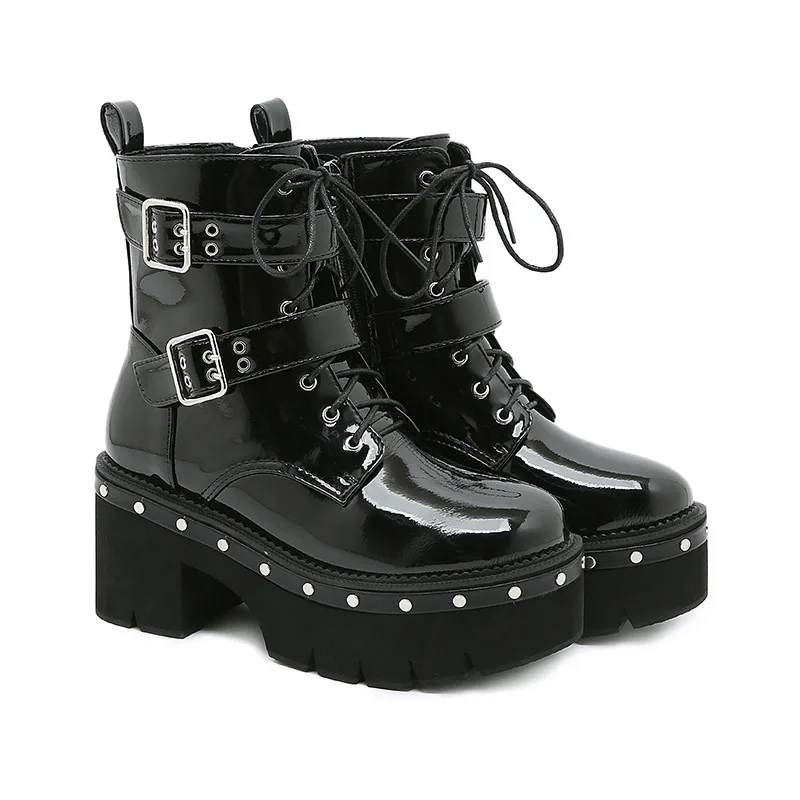 

England style women fashion stage nightclub footwear patent leather boots buckle platform shoes high heel boot ankle botas mujer