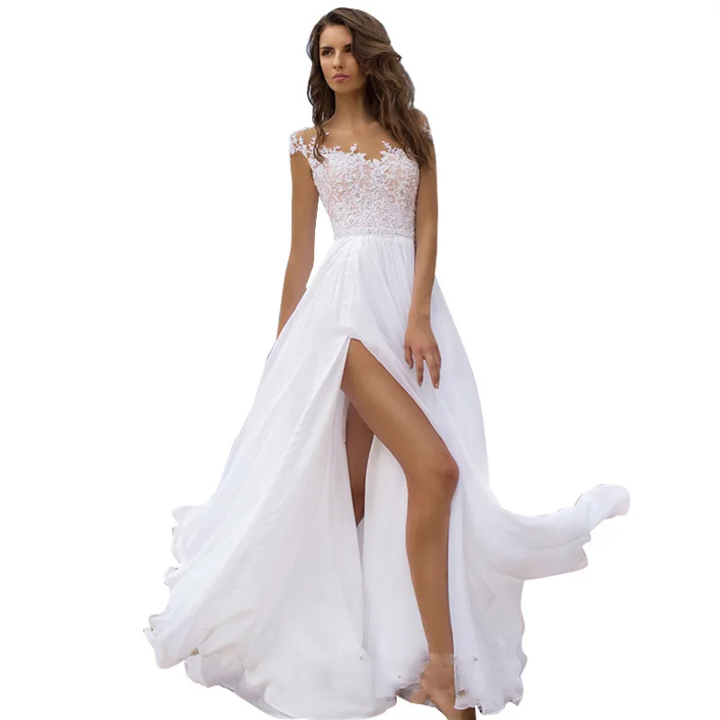 Женское вечернее кружевное платье, белое свадебное платье с V-образным вырезом и разрезом, длинное шифоновое кружевное платье