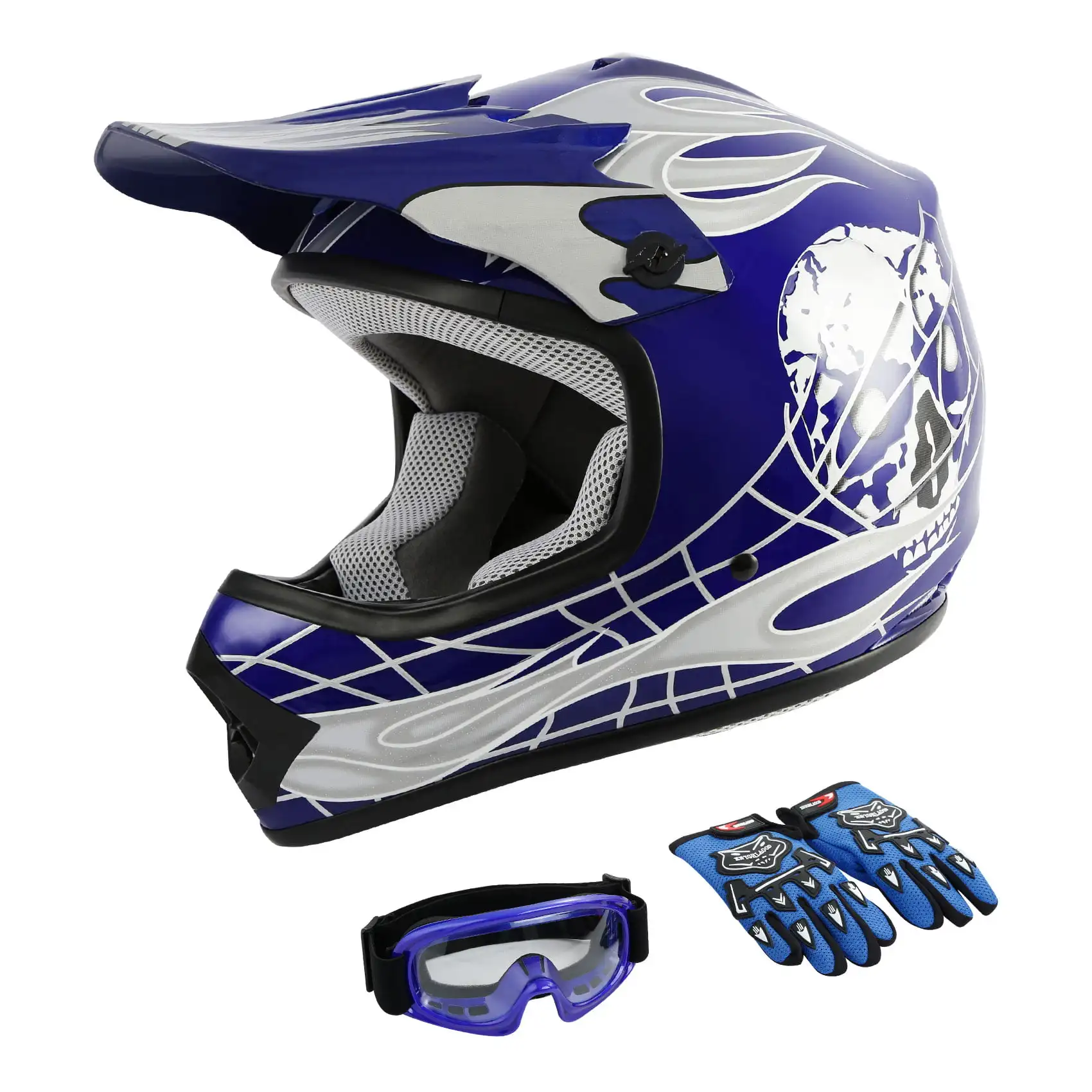 

DOT Motorcycle Helmet for Kids Blue Flame Skull with Goggles & Gloves for Atv Mx Offroad Street Dirt Bike Youth M Size