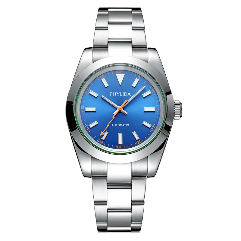 PHYLIDA-reloj mecánico de lujo para todos los días, pulsera con esfera azul, manos anaranjadas, clásico, sin fecha, de 39mm, 100M, WR