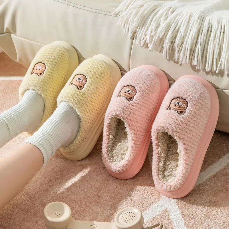 Platform Women Slippers Female Cute Cartoon Winter Plush Anti-slip Thick Sole Home Shoes Slides Family Couples Cotton Slipper