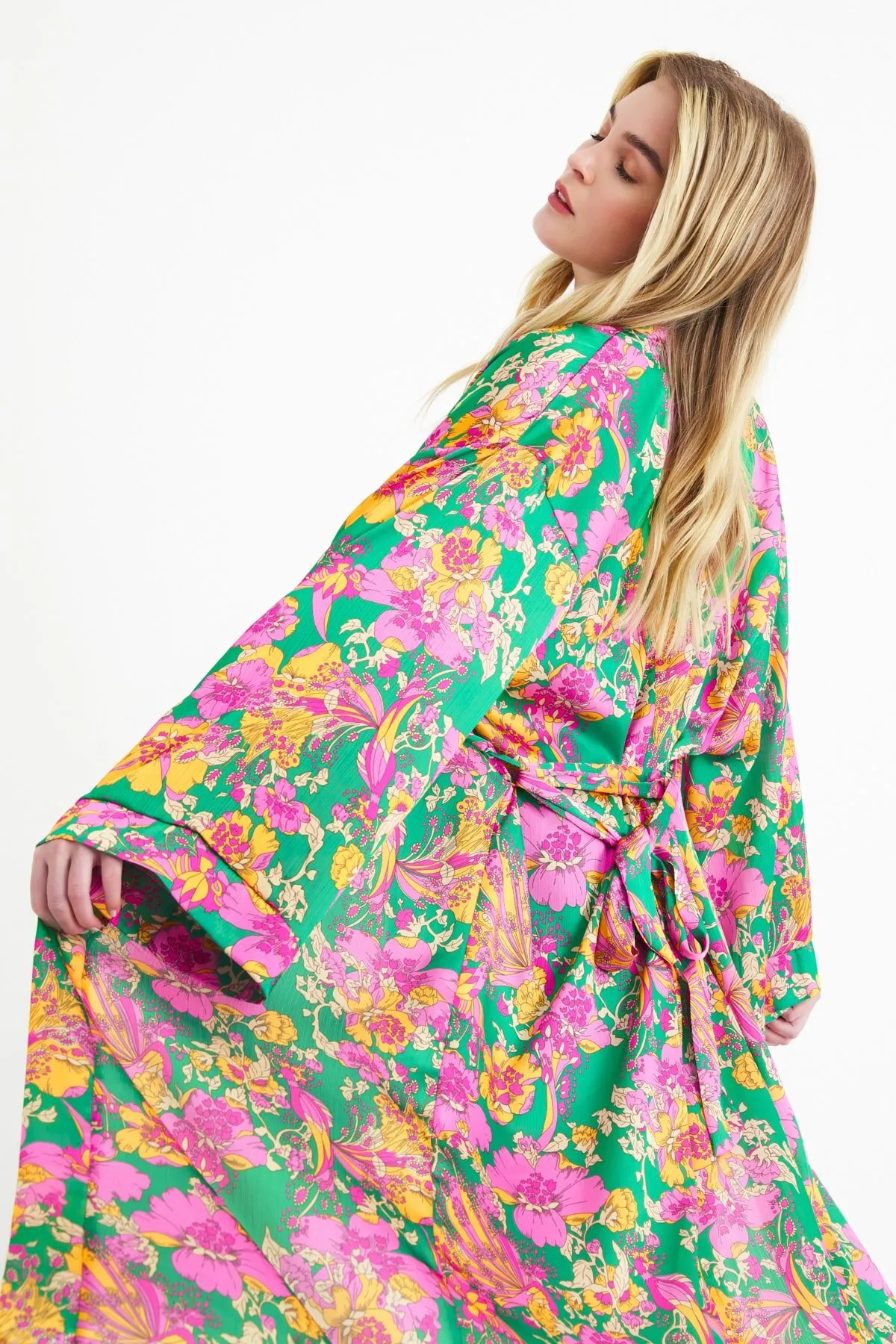 

Women's Kimono Patterned Belted Kimono - Green Fashion Bathrobe For Ladies
