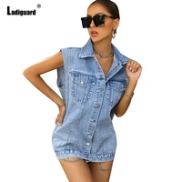 women sleeveless denim jackets 2022 single breasted top streetwear womens stand pocket demin jacket female long jean outerwear