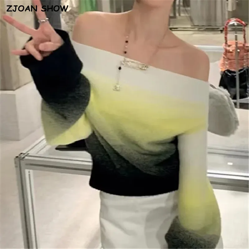 

2023 Women Slash Collar Knitted Gradient striped Cropped Pullovers Sweater CHIC Knitwear Full Bat Sleeve Jumper Loose Cape