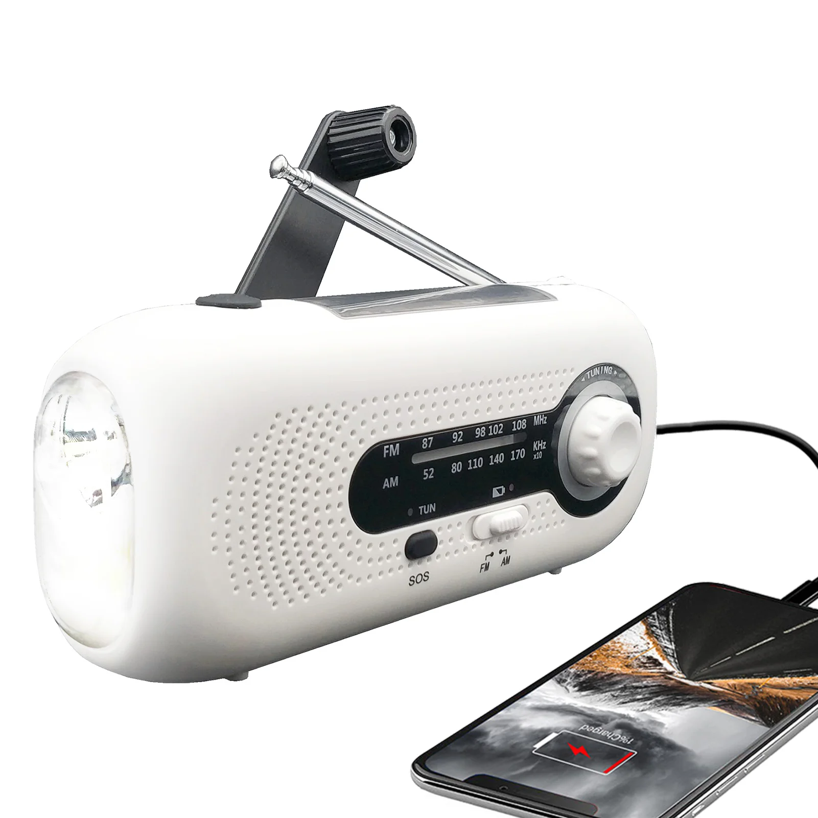 

Urgency Radio High Lumens Hand Crank Flashlight With Weather Radio Weather Radio With Solar Panel 2000mAH Cell Phone Charger