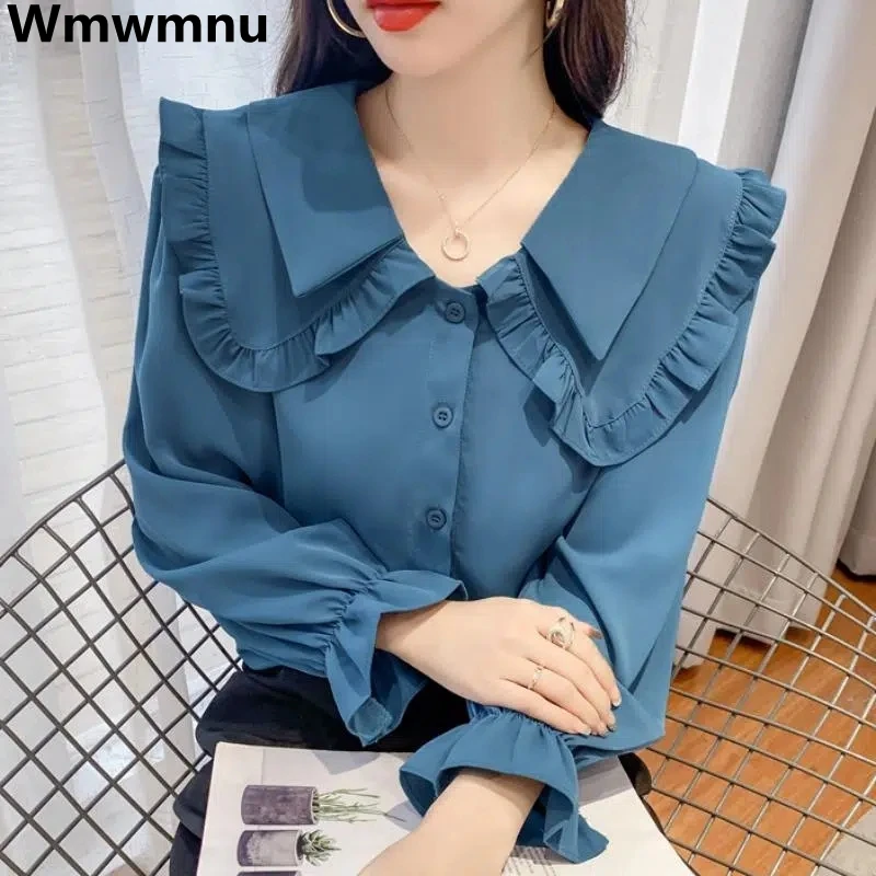 

Женская модная весенняя блузка с оборками и кукольным воротником