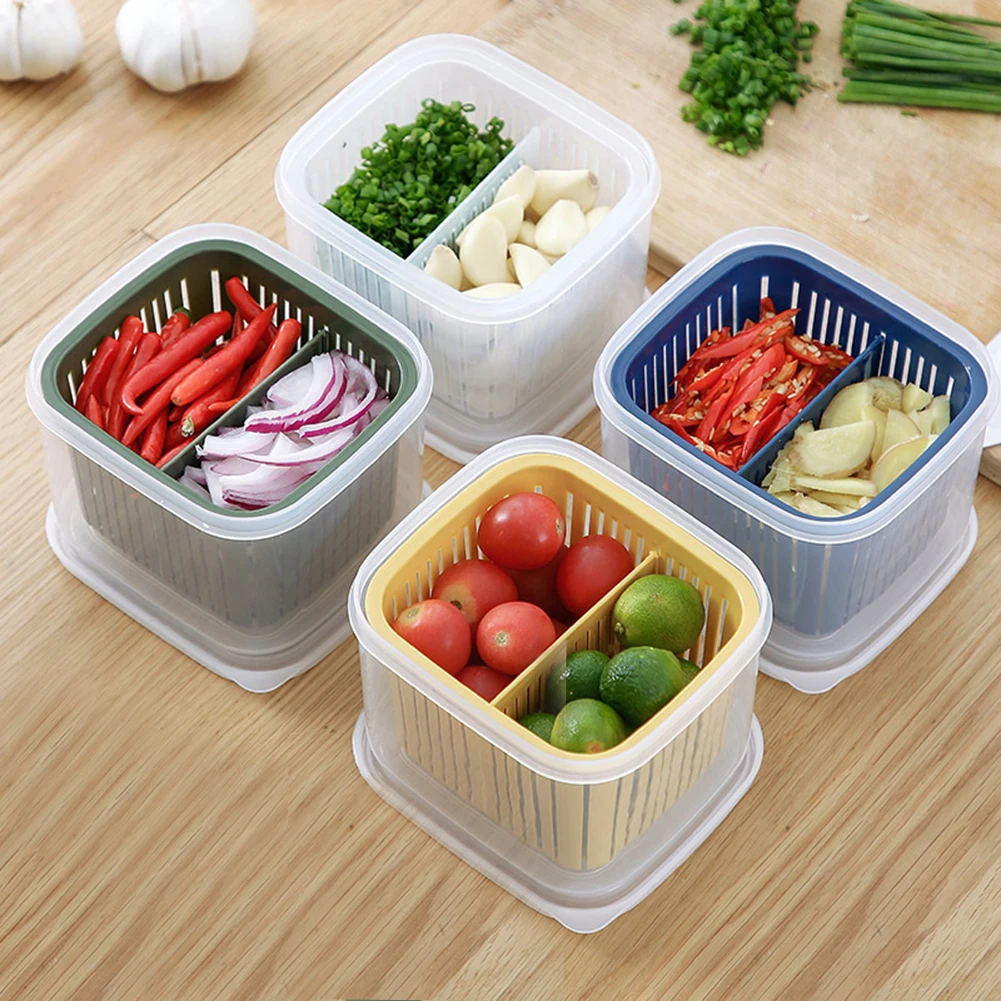 

Fridge Fresh-Keeping Box Kitchen Storage Box Vegetable Fruit Box Drain Basket Food Storage Container Square Drain Sealed Crisper