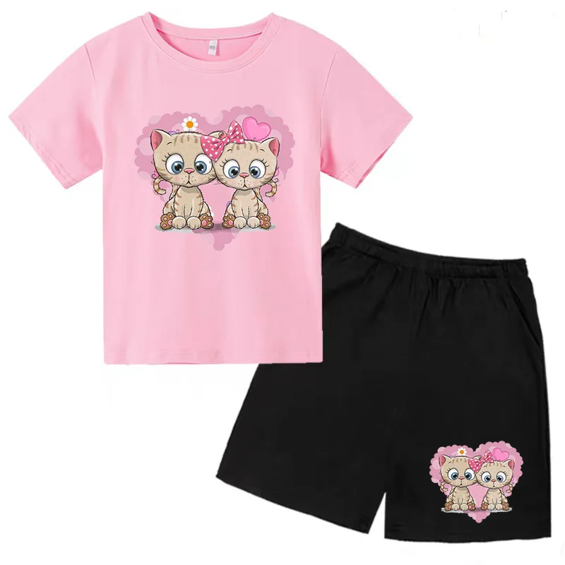 2023 Girls Summer Clothes T-shirt Top Shorts Anime Cartoon Cat Love Pattern Cotton Boy Baby 2-piece Set Outdoor Home Casual Wear