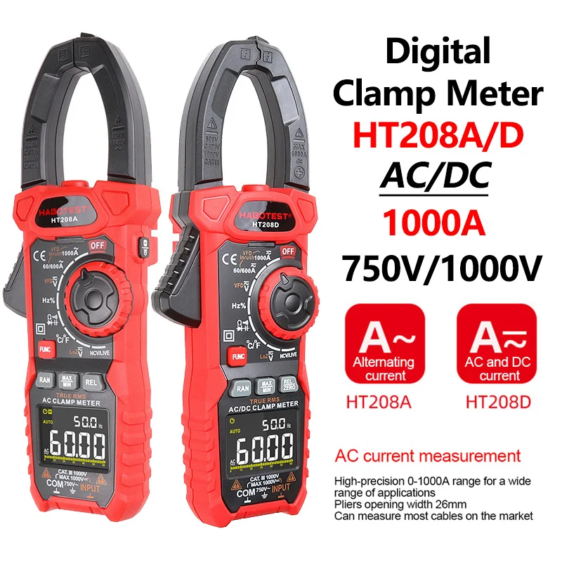 HT208 Professional Clamp Meter Multimeter 1000V AC/DC True-RMS Auto-Ranging Pliers Ammeter Voltmeter VFD REL Ohm Capacitor Test