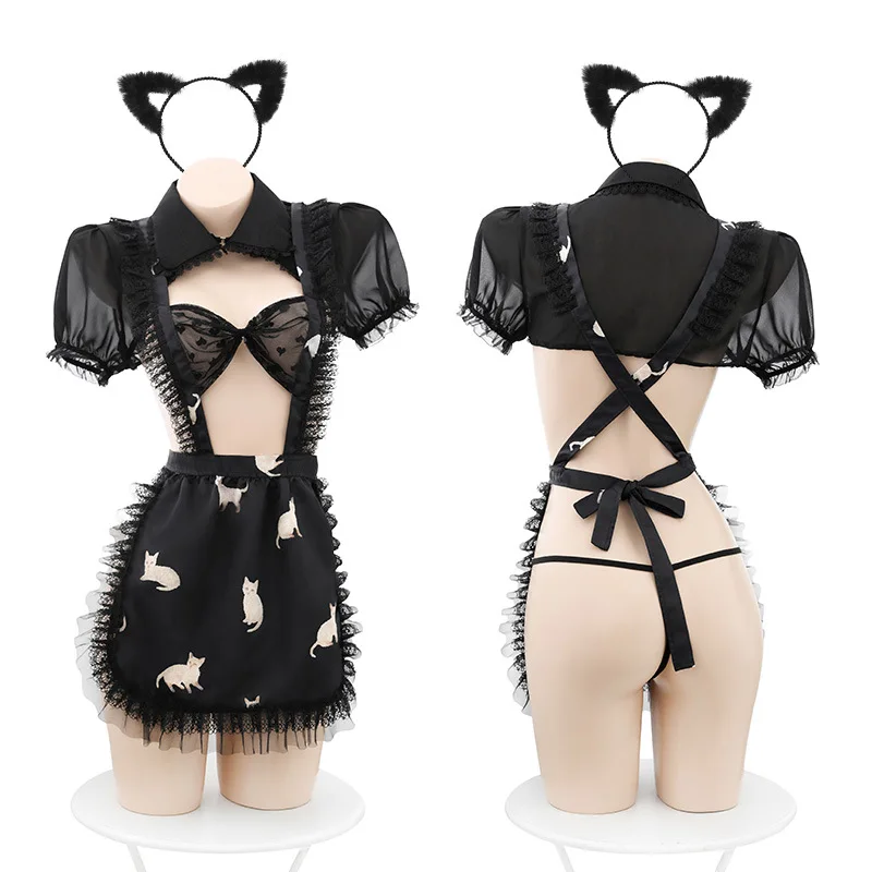 

Lolita Neko Maid Girl Bowknot Hollow Out Lingerie Mesh Cat Printed Apron Dress Underwear Set Anime Cosplay Uniform Suit