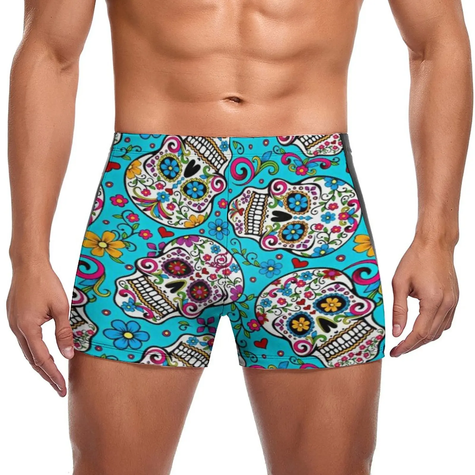 

Sugar Skull Print Swimming Trunks Flowers Skulls Print Trending Elastic Swim Boxers Training Plus Size Men Swimsuit