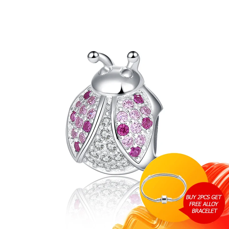 

Xiaojing New Listing 925 Sterling Silver Ladybug Pink Cubic Zircon Insect Charm Bead Fit Pandora Bracelet Diy Jewelry for Women