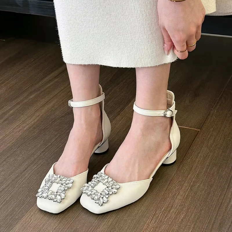 

2023 Summer Crystal Mid Heels Women Shoes Sandals New Fashion Sexy Square Toe Pumps Casual Party Dress Chunky Mujer Zapatillas