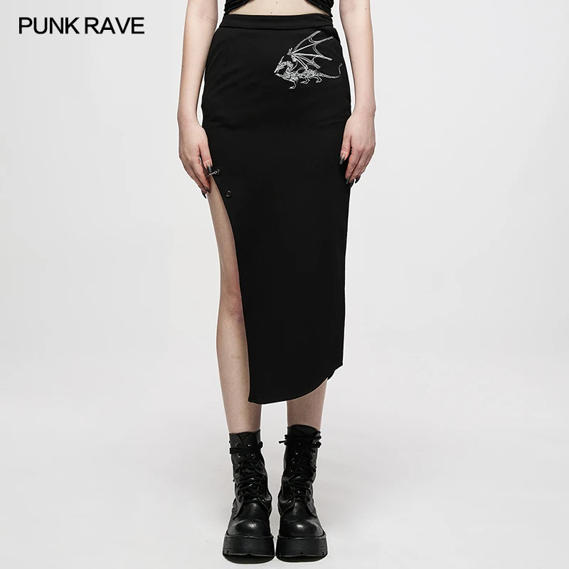 

PUNK RAVE Women's Dark Chinese Style Keel Embroidered Asymmetric Long Skirt Gothic Dark Style Fashion Personality Skirts Women