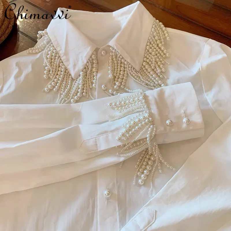 Fashionable New Style Heavy Pearl Tassel Decorative Shirt Dress 2023 Spring New Celebrity Court Slim Fit Elegant White Blouse