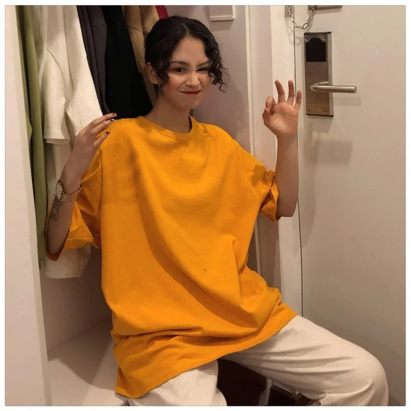 

Casual Candy Solid Color Basic Loose T-shirts Korean Fashion Oversize Tee Shirts New Harajuku Summer New Short Sleeve Long Tops