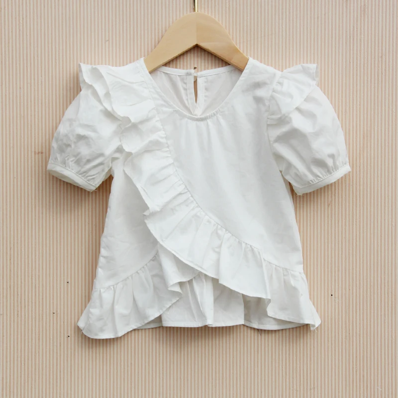 

Korean Puff Sleeve Shirts for Teenage Girls Cute Solid Color Blouses Children White Ruffle Sleeve Tops Kids Clothes 8 To 12