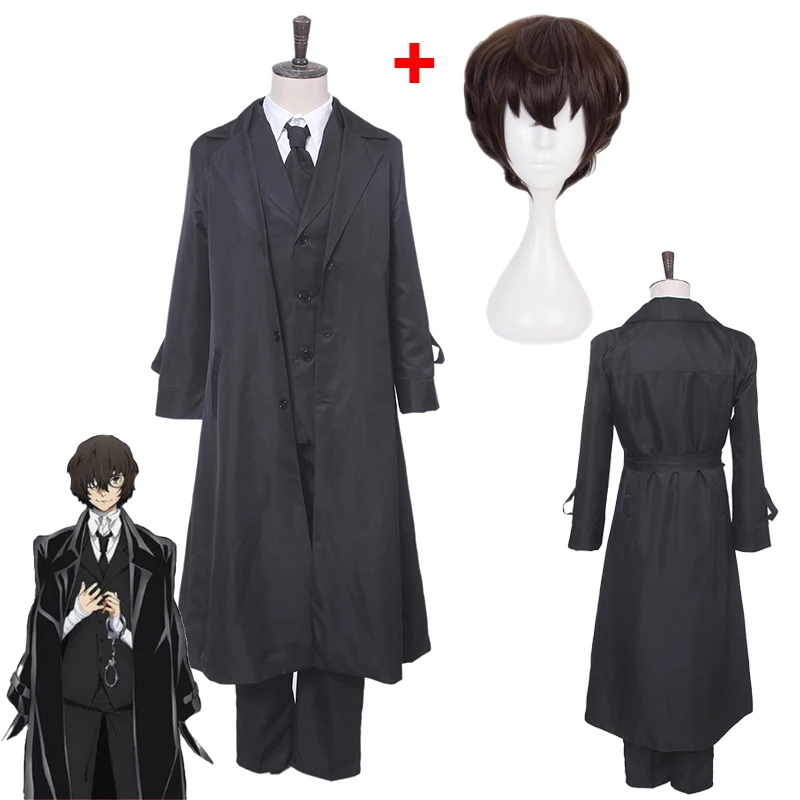 

Anime Bungo Stray Dogs Dazai Osamu Cosplay Costume Men Black Trench Pant Tie Wig Sets Outfit Halloween Suits