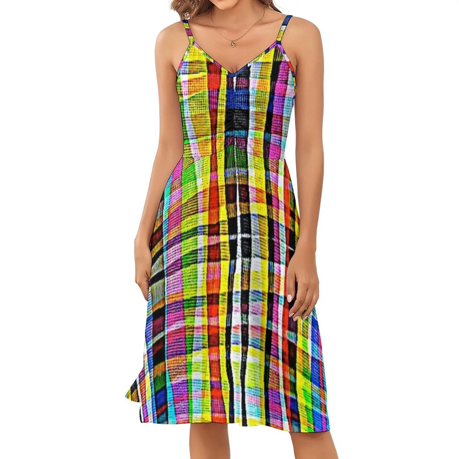 

Abstract Geometric Dress Colorful Madras Print Kawaii Dresses Street Wear Casual Dress Summer Spaghetti Straps Graphic Vestidos