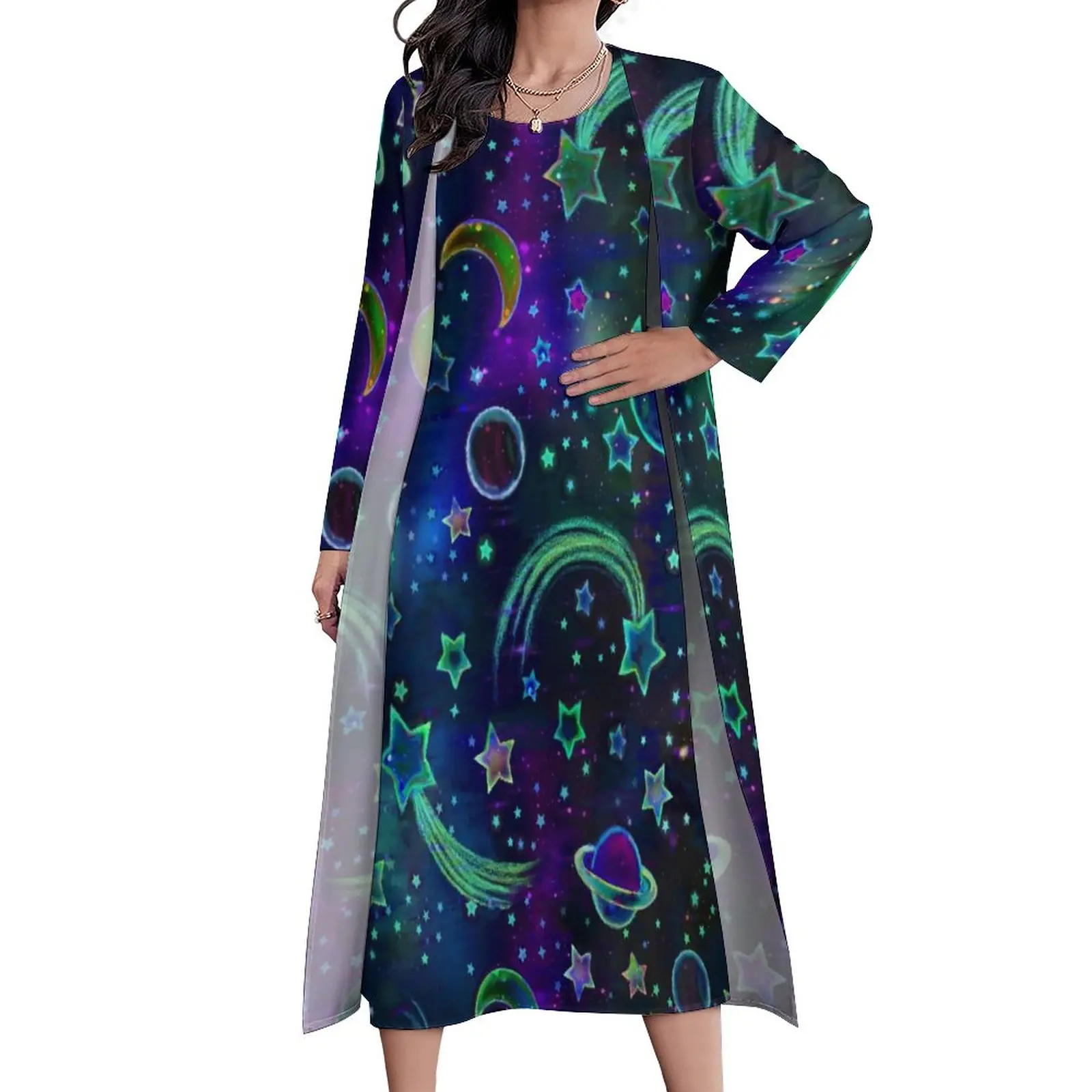 

Платье-макси в стиле бохо женское, длинное пляжное вечернее, с принтом звезд и луны, летняя уличная одежда с галактикой звездной ночи, индиви...