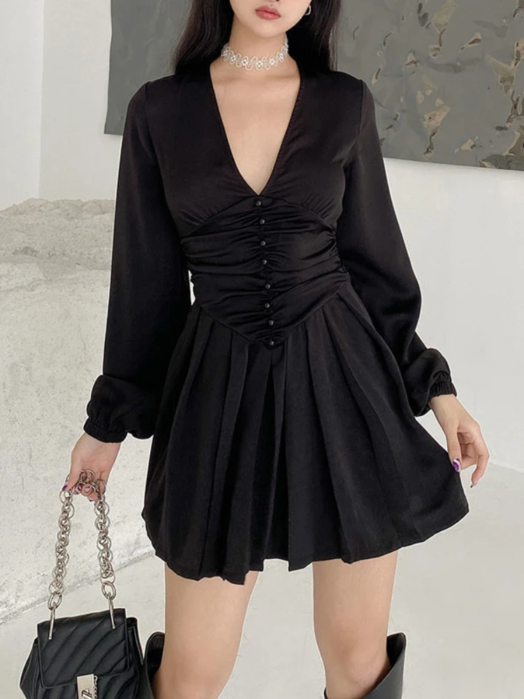 

Черное элегантное платье HOUZHOU для женщин, пикантное короткое Плиссированное Платье с V-образным вырезом, винтажное модное ТРАПЕЦИЕВИДНОЕ ос...