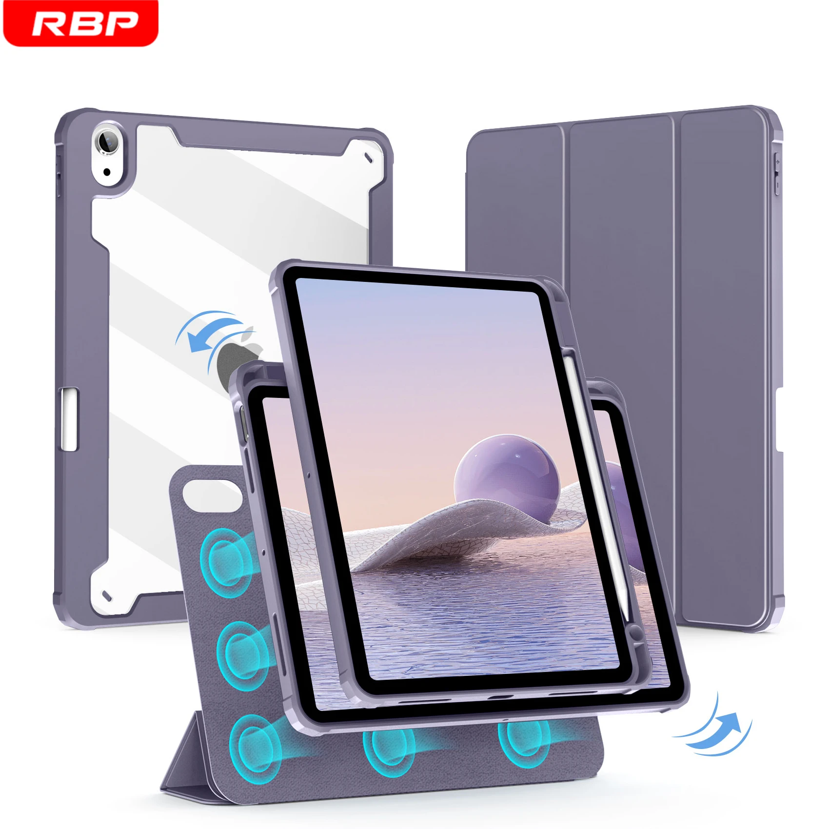 

RBP for iPad Air 5/4 10.9 2022 Transparent Magnetic Detachable Back Case,for iPad Pro 11 12.9 Mini 6 8.3 with Pencil Holder Case