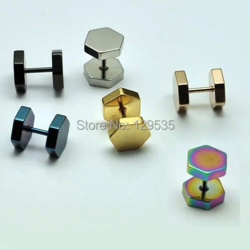 Alisouy 2Pieces Wholesale price New 4 5 6 7 8MM width Hexagon titanium steel punk Men Pierced Earrings colors for choose | Украшения и