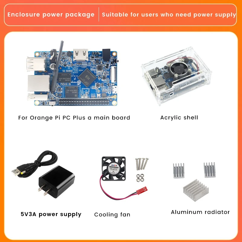 For Orange Pi PC Plus Allwinner H3 1GB DDR3+8GB EMMC Development Board+Shell+Cooling Fan+Heat Sink+Power Supply