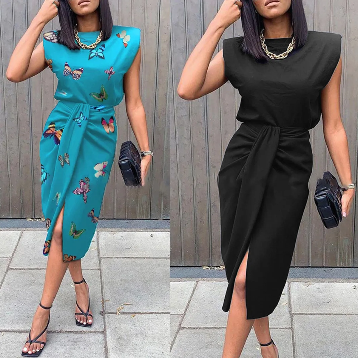 

Elegant Butterfly Print Women's Dress 2022 Summer New Sleeveless High Waist Lace Up Split Dresses