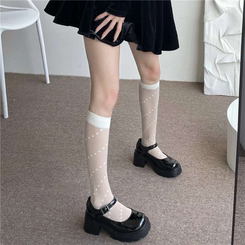 

JK Lolita Thin Nylon Long Socks Stockings College Style Girls Polka Dot Diamond Plaid Lower Knee Socks Stockings
