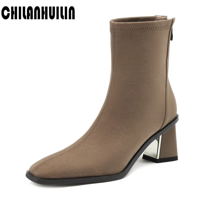 

simple fashion genuine leather+elasticity thick high heel ankle boots autumn winter pointed toe women shoes apricot sock boots