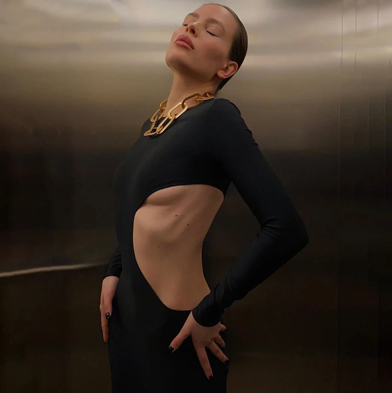 

Sexy Y2k Solid Long Sleeve O-neck Maxi Dresses Women Hollow Out Bodycon Dress Gothic Clothing 2022 Autumn Party Club Streetwear