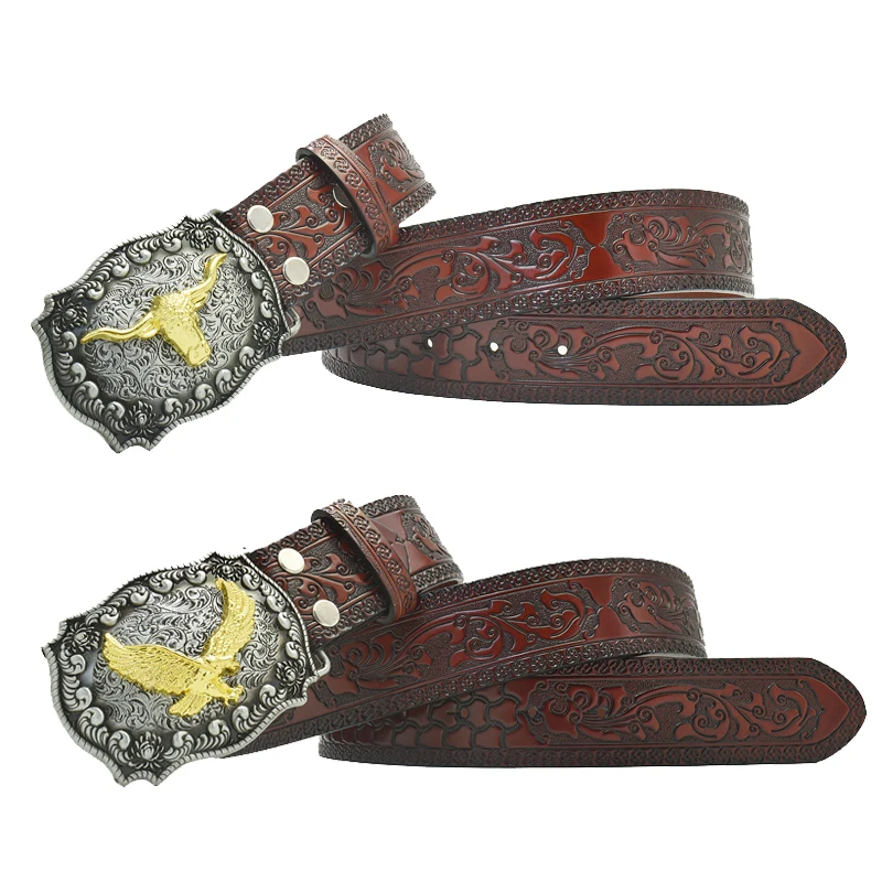 Western Fashion Retro Men Leather Belt Alloy Cow Eagle Star Smooth Buckle Decorative Casual Pants Jeans Black Coffee Red Brown