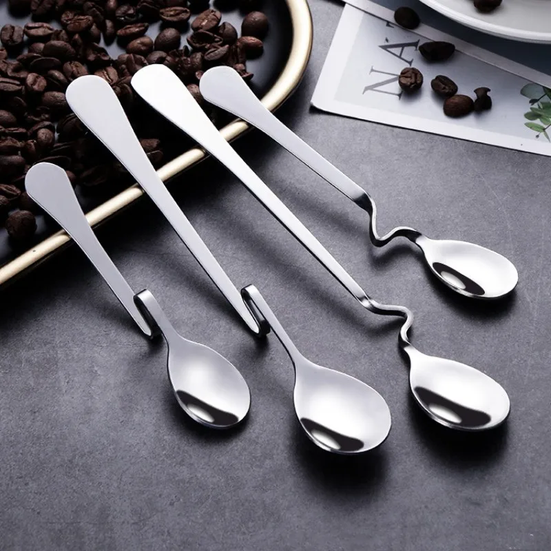 

1PC Stainless Steel Suspensible Long Handled Spoons Seasoning Ladle Scoop Twisting Hanging Cup Coffee Dessert Teaspoon