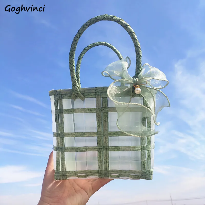 

Women Top-handle Bags Transparent Woven Mini Handbags Fairy Sweet Candy Colors Cute Big Capacity Bucket Bag Summer All-match Ins