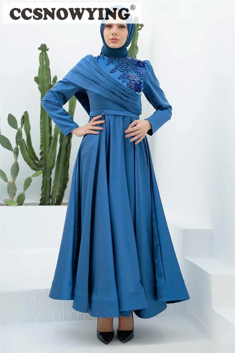 

Атласная аппликация с длинным рукавом мусульманский хиджаб вечерние платья с высоким воротом исламское официальное платье Арабский Кафтан женское платье для вечеринки