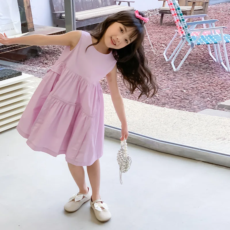 2024 корейское летнее платье для школьниц без рукавов повседневное однотонное
