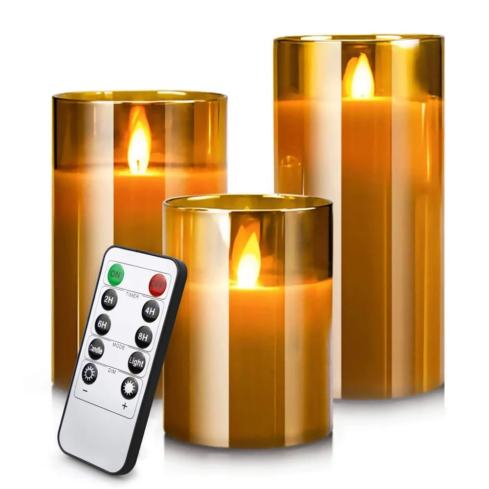 

Led Flameless Candles, Battery Operated Real Pillar Wax Flickering Moving Wick Effect Glod Glass Candle Set with Remote Control