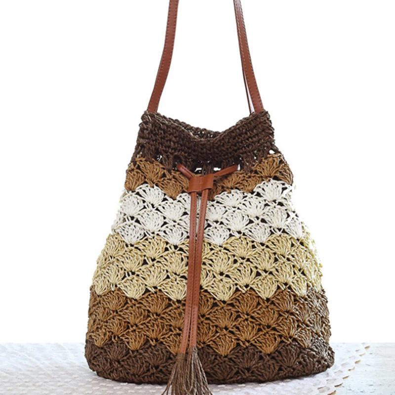 Соломенная Сумка-ведро ручной работы с кисточками маленькая плетеная Сумка