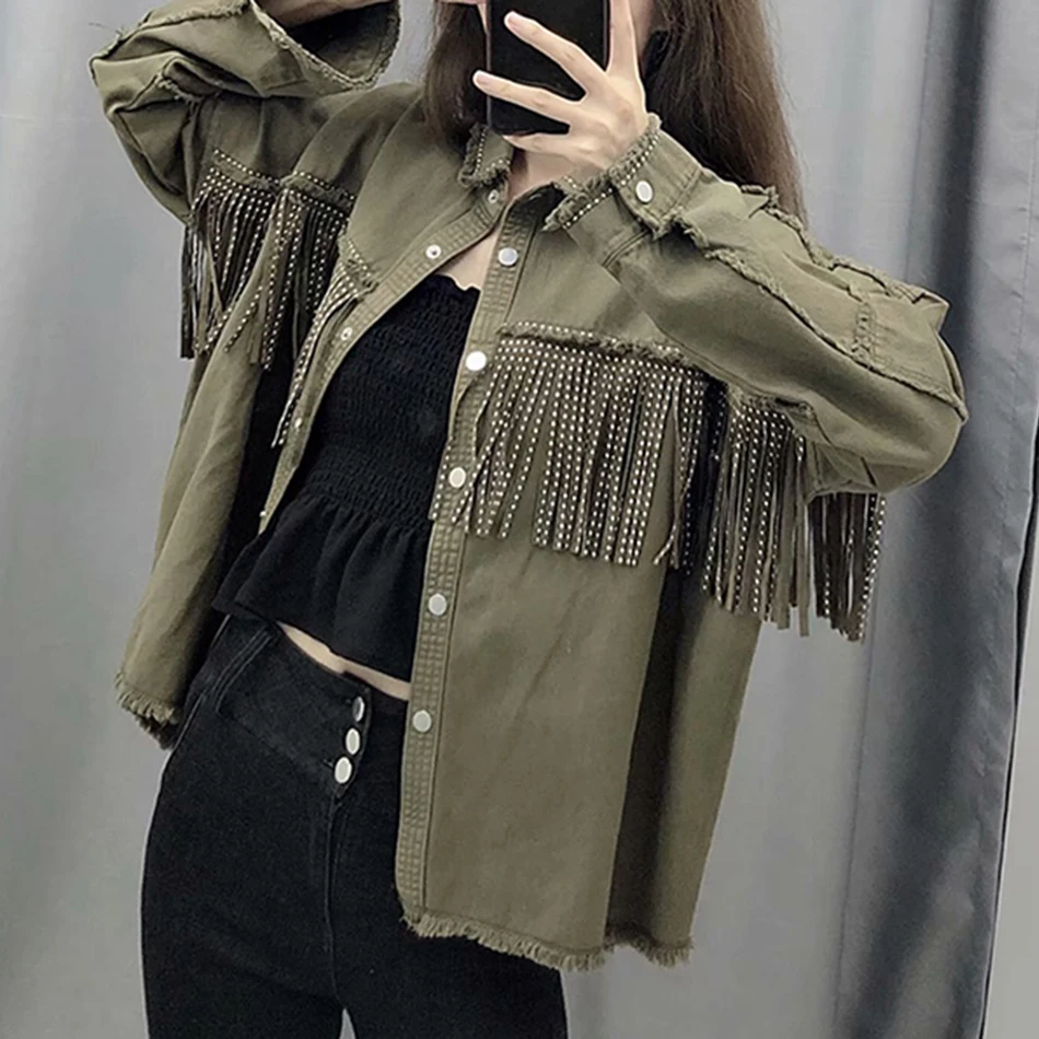 

Woman Vintage Fringe Beaded Loose Denim Jacket Coat 2021 Fashion Tassel Long Sleeve Frayed Trim Outerwear Chaqueta Mujer Women