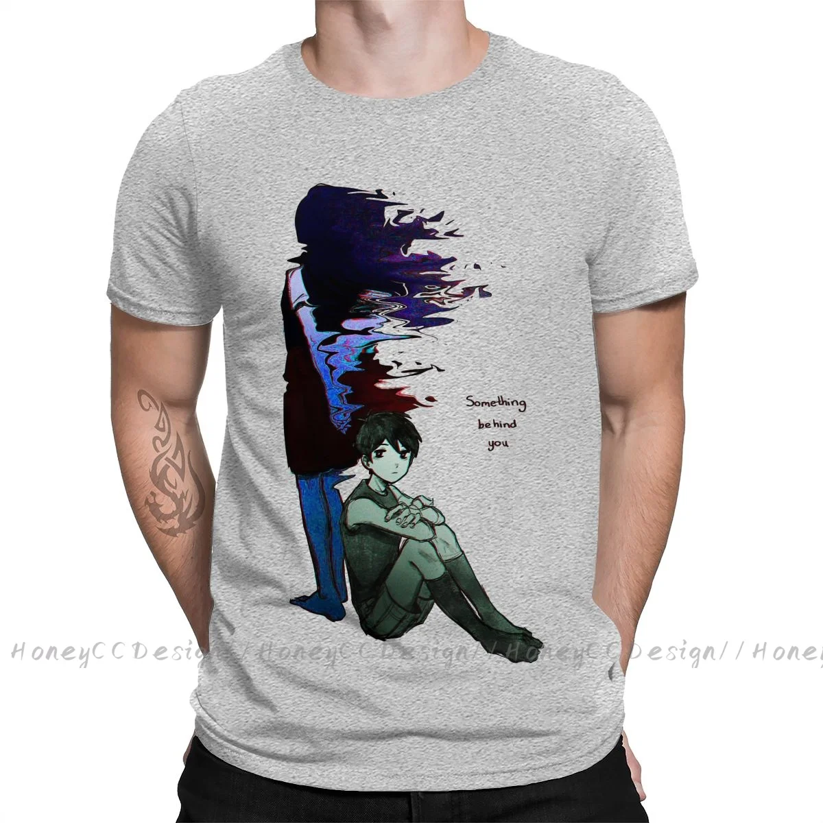 Omori Psychological horror RPG Print Cotton T-Shirt Camiseta Hombre Some Thing Behind You Fanart For Men  Streetwear Shirt Gift