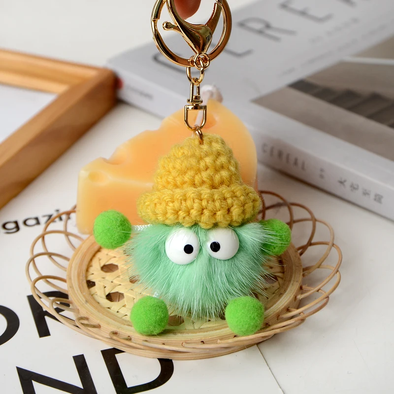 

Брелок для ключей, вязаная шапка с длинными дужками из меха норки, маленькая брикетка, украшение для сумки, безделушка