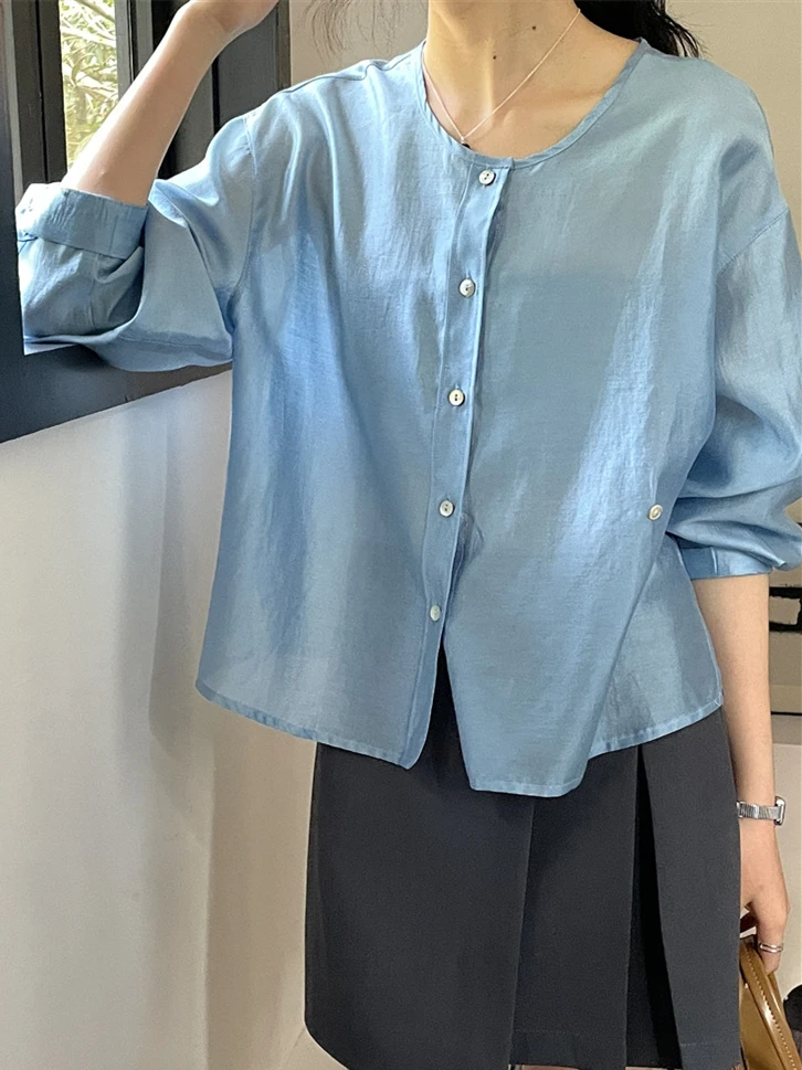 

2023 Spring Rayon New Girlish Round Neck Tops High Quality Long Sleeves Simplicity Solid Temperament Lightweight Loose Blouses